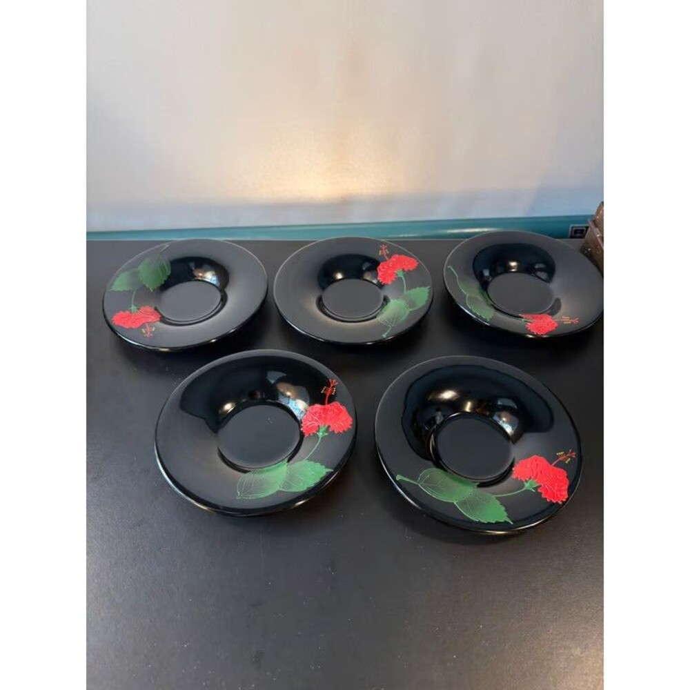 Ryukyu Lacquer Saucers Set of 5 Black Red Hibiscus Okinawa Japan Original Box